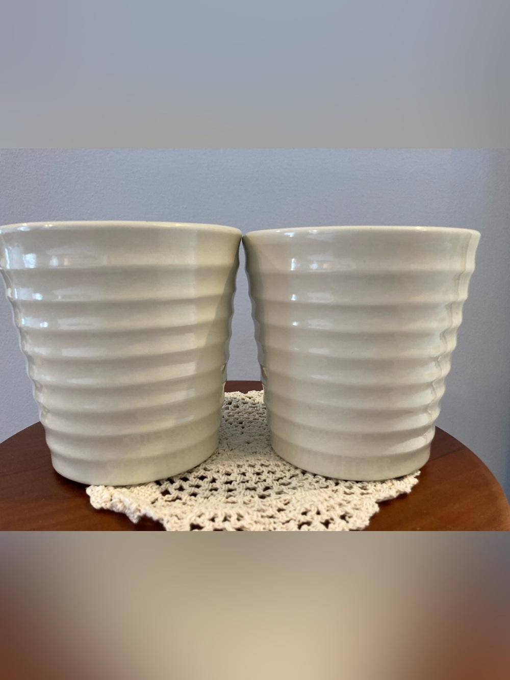 2 Cream Ribbed Ceramic Planter - Set of 2